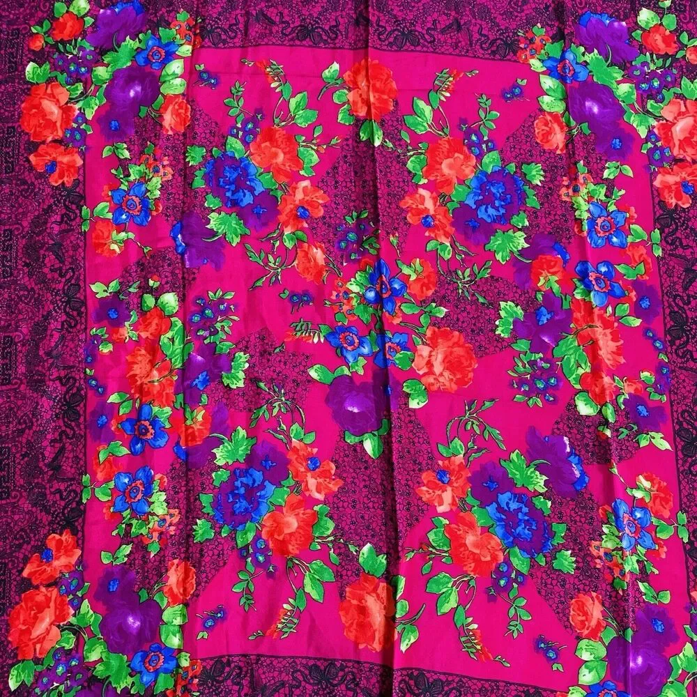 Vintage Liz Claiborne Designer Silk Scarf Lace Print Floral Design Gem Tones